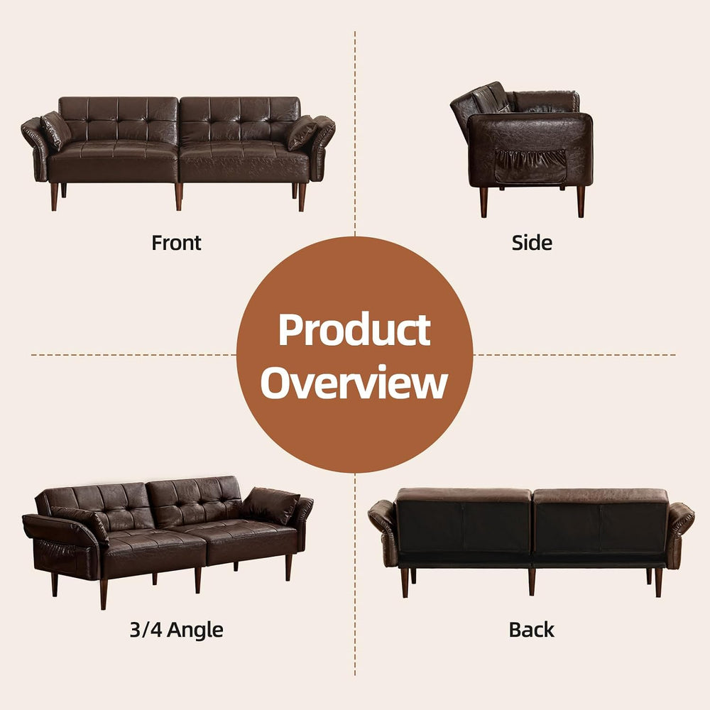 HALLYBEE 85" Futon Faux Leather Couch with Adjustable Armrests Coffee Br...