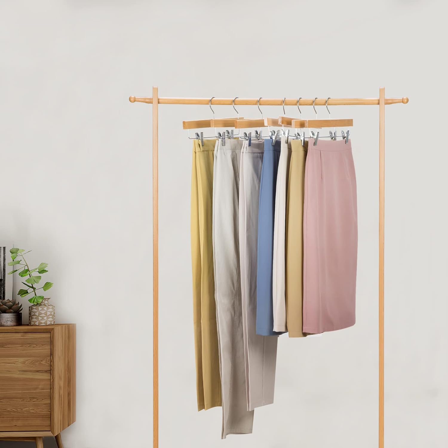Nature Smile Deluxe Wooden Pants Hangers,Solid Lotus Wood Jeans Skirt Hanger with Clips Anti-Rust Hook Pack of 28（Natural）