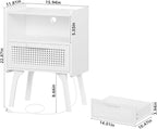 Lerliuo Rattan Nightstands set of 2 with Charging Station, Side Table with Drawer Open Shelf, Cane Accent Bedside End Table with Solid Wood Legs, Night Stand for Bedroom, Dorm and Small Spaces (White)