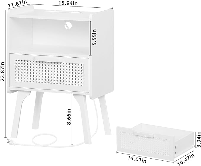 Lerliuo Rattan Nightstand with Charging Station, Side Table with Drawer Open ...