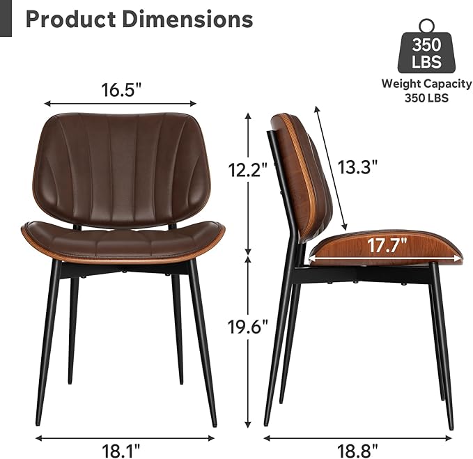Dining Chairs Set of 4, Mid Century Modern Dining Room Chairs, Upholstered Faux Leather Kitchen Chairs with Walnut Bentwood Back and Metal Legs