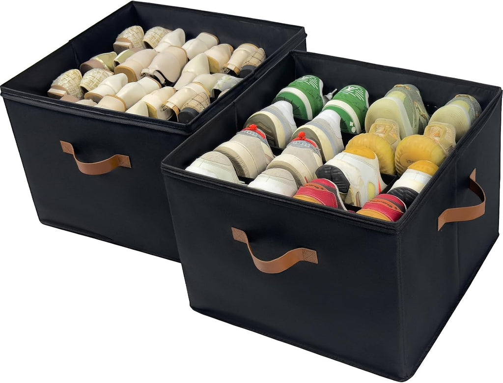 Shoe Organizer Box 2 Pack, Shoe Storage Organizer with Clear Cover, Adjustable Dividers Fits 16-32 Pairs, Fabric Shoe Organizer for Closet, Black