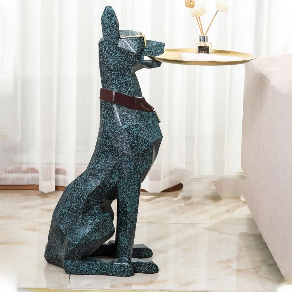 Modern Resin Doberman Sculpture Side Table with Metal Serving Tray, Corner Ta...