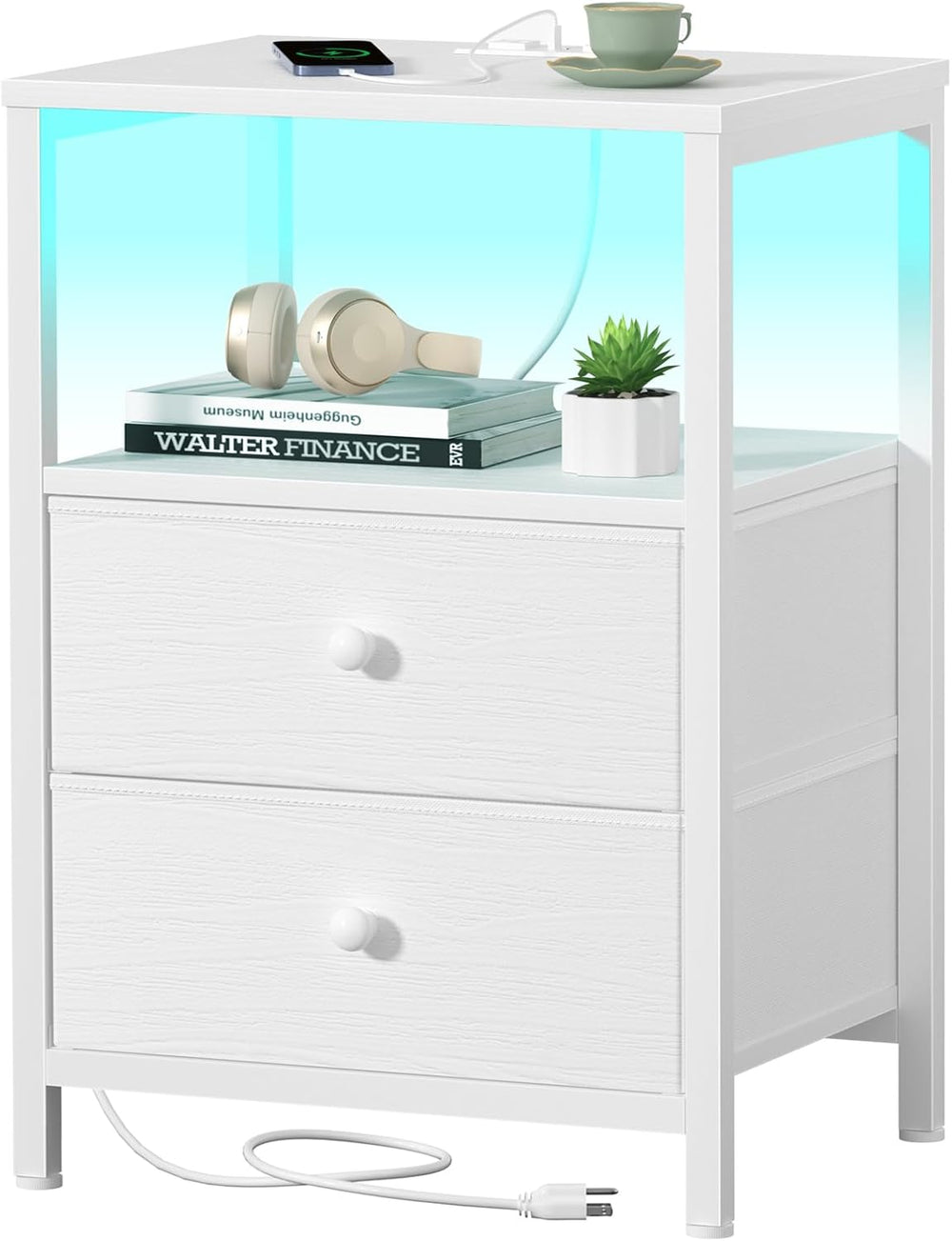 BOLUO White Nightstand with Charging Station, LED Night Stand with 2 Fabric D...