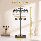 MODOWEY Rotating Necklace Holder Stand Organizer, 2 Tier Adjustable Extra Tall Metal Display Tree with Wooden Tray, 42 Hooks Pendant Hanger for Women Men, Stylish and Secure Jewelry Rack, Black