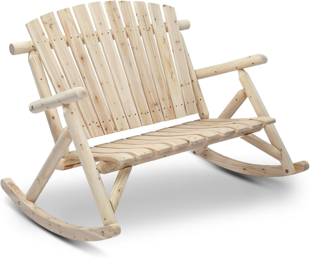 Outvita 2-Person Wood Rocking Chair, Fir Log Adirondack Rocker, Outdoor Wood ...