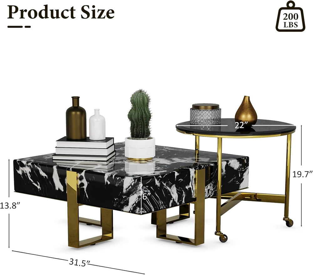 Black Square Coffee Table and Round End Table, Nesting Coffee Table Set of 2,...