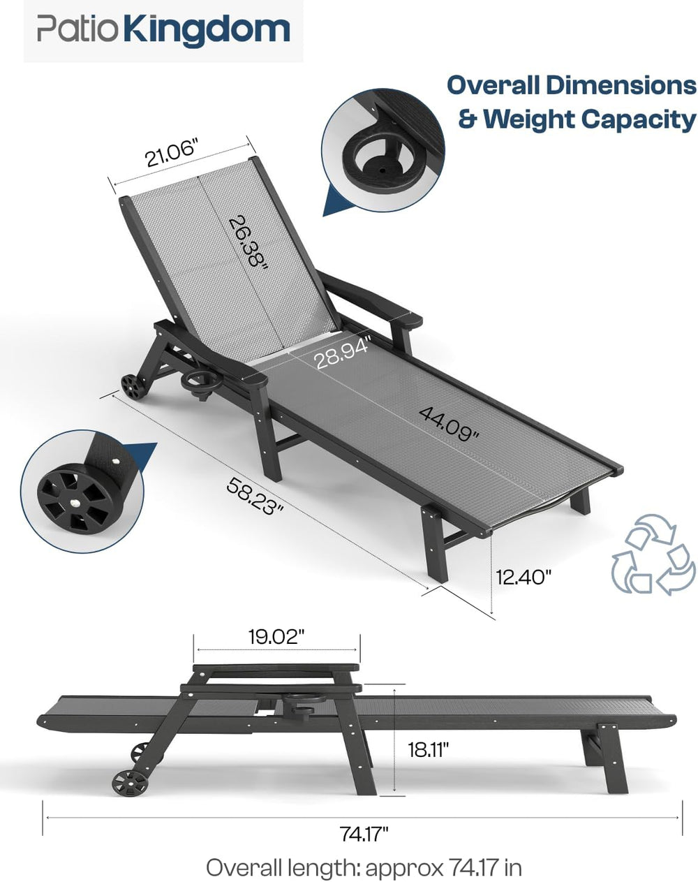 HDPE 5 Positions Chaise Lounge Outdoor Set of 2 with Wheels, Grey Textilene F...