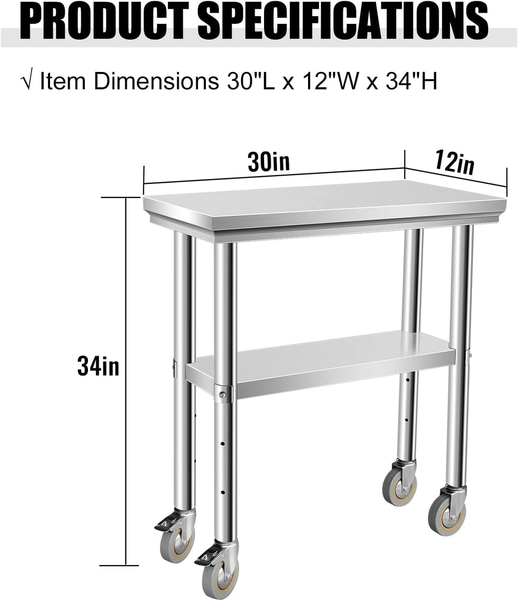 Stainless Steel Table for Prep & Work 30 x 12 Inches with Caster Wheels, NSF Commercial Heavy Duty Table with Undershelf and Galvanized Legs for Garage Restaurant Home and Hotel