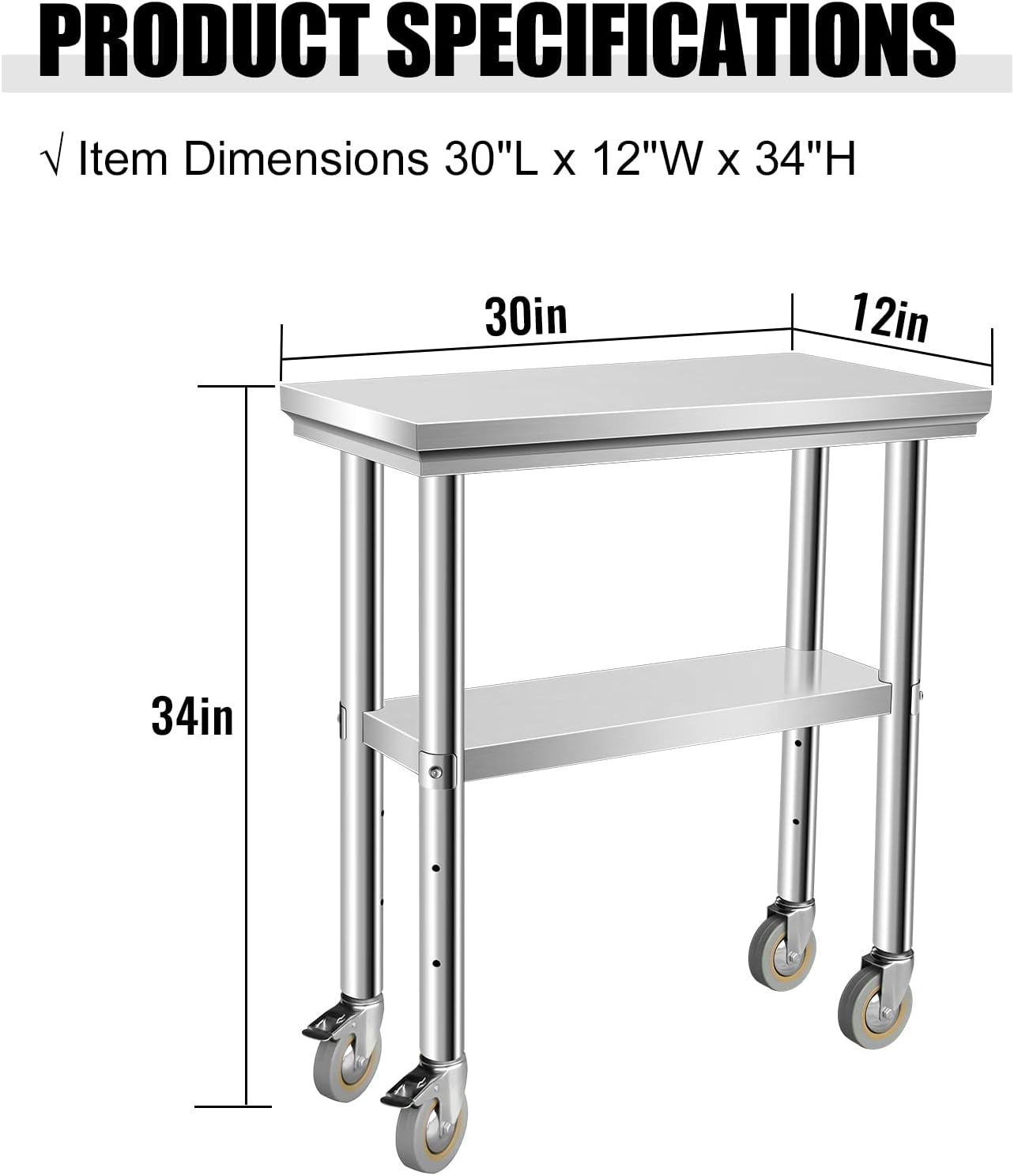 Stainless Steel Table for Prep & Work 30 x 12 Inches with Caster Wheels, NSF Commercial Heavy Duty Table with Undershelf and Galvanized Legs for Garage Restaurant Home and Hotel