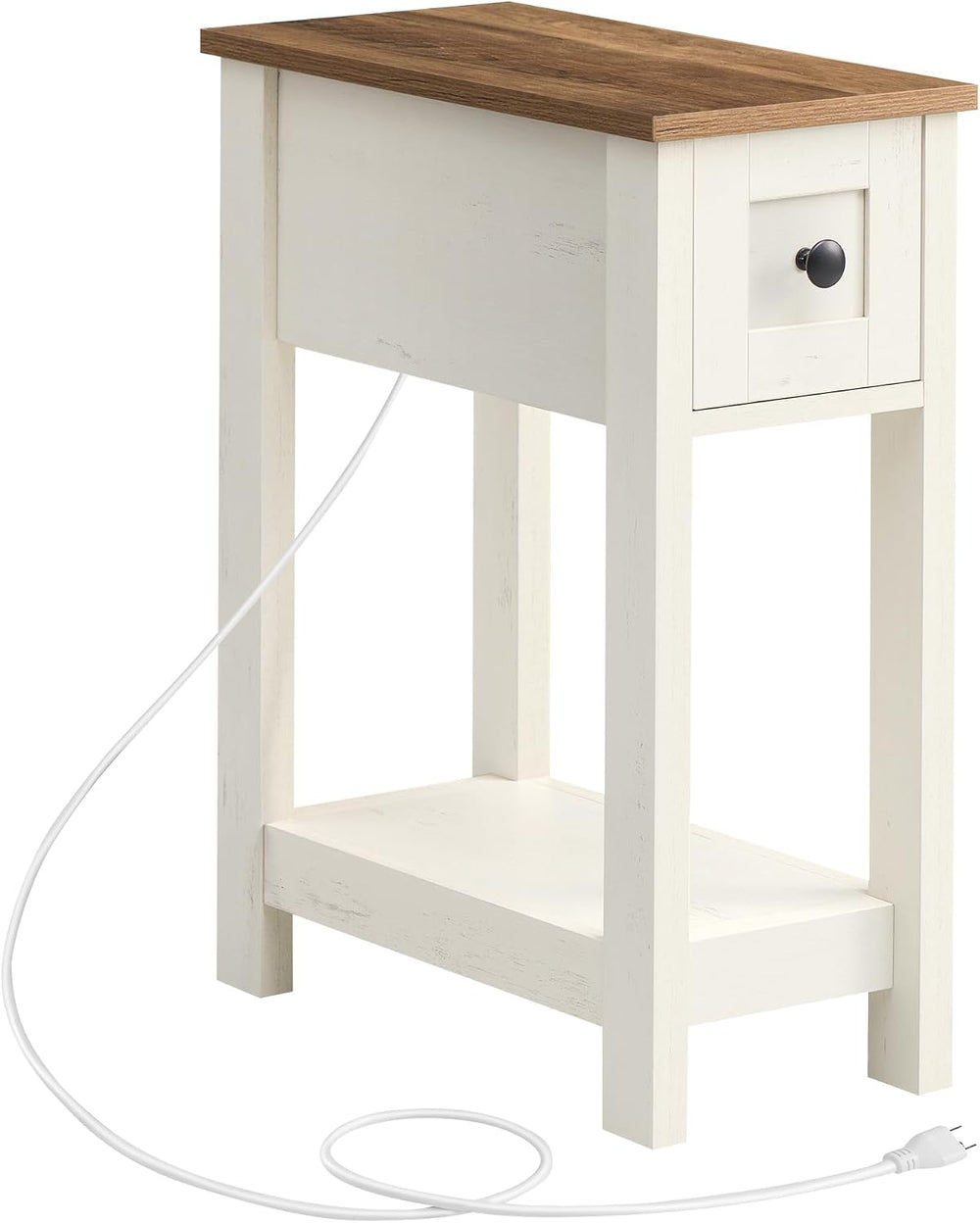 VASAGLE Farmhouse End Table with Storage Drawer, Narrow Side Table with Charg...