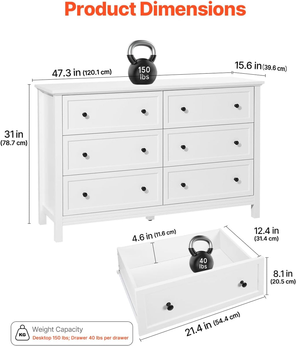 VEVOR 6 Drawer White Dresser, Wood Dresser Chest of Drawers with Middle Sliding Leg, Closet Storage Clothes Organizer for Bedroom, Living Room, Hallway, Entryway, Wide Drawer with Metal Handles