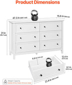 VEVOR 6 Drawer White Dresser, Wood Dresser Chest of Drawers with Middle Sliding Leg, Closet Storage Clothes Organizer for Bedroom, Living Room, Hallway, Entryway, Wide Drawer with Metal Handles