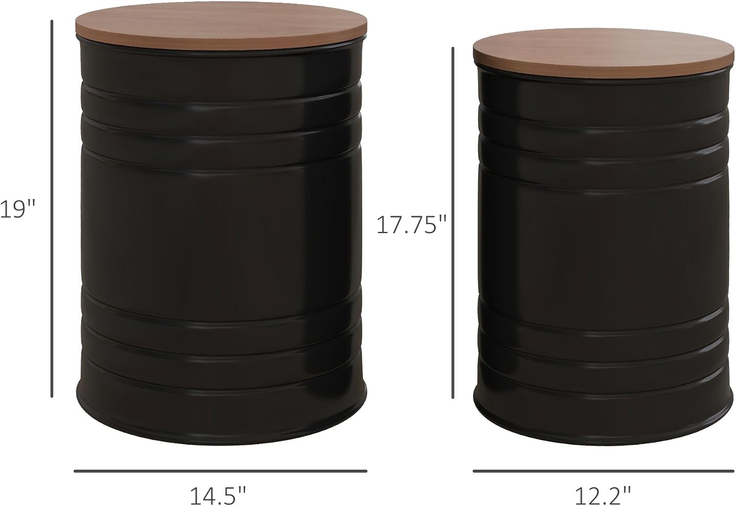 HOMCOM Nesting End Table Set of 2, Round Storage Ottoman Stool with Removable Wood Lid, Metal Frame & Hidden Space, Farmhouse Side Table for Living Room, Black