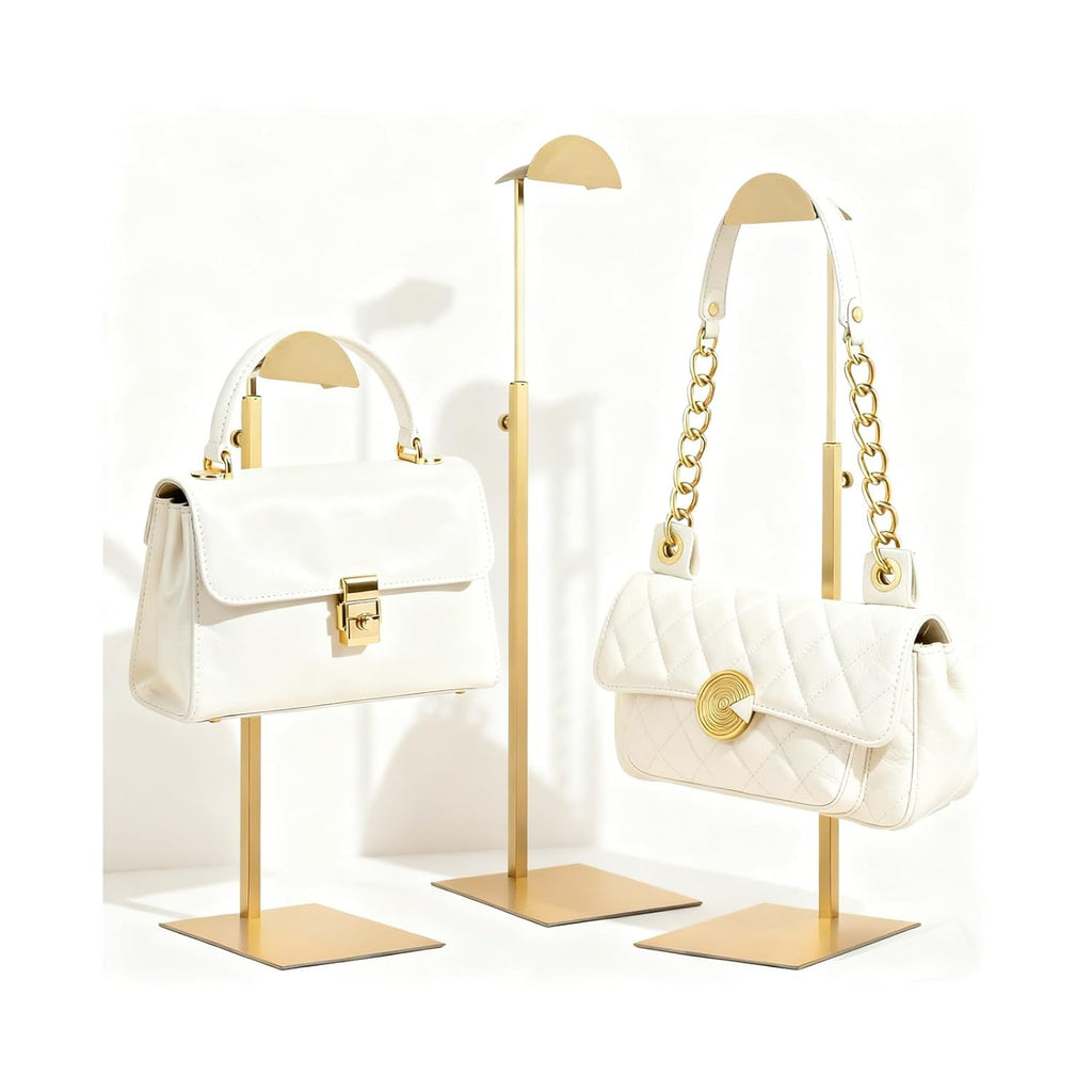Purse Display Stand, 3 Pack Purse Stands for Display, Gold Heavy-Duty Steel Handbag Hanger Adjustable Bag Holder Purse Rack for Retail, Boutiques, Shop RCS 50% Recycled post-consumer metal