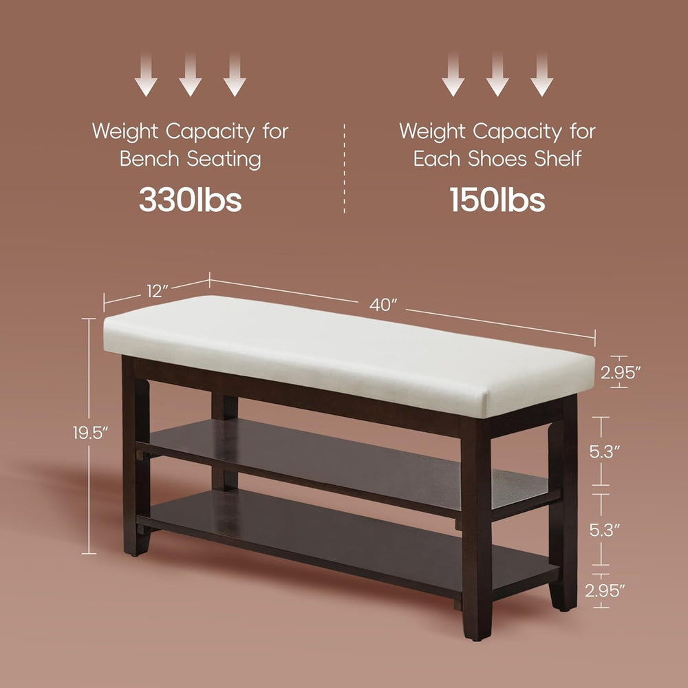 40" Shoe Bench with Leather Cushion, Upholstered Entryway Bench, Ivory |...