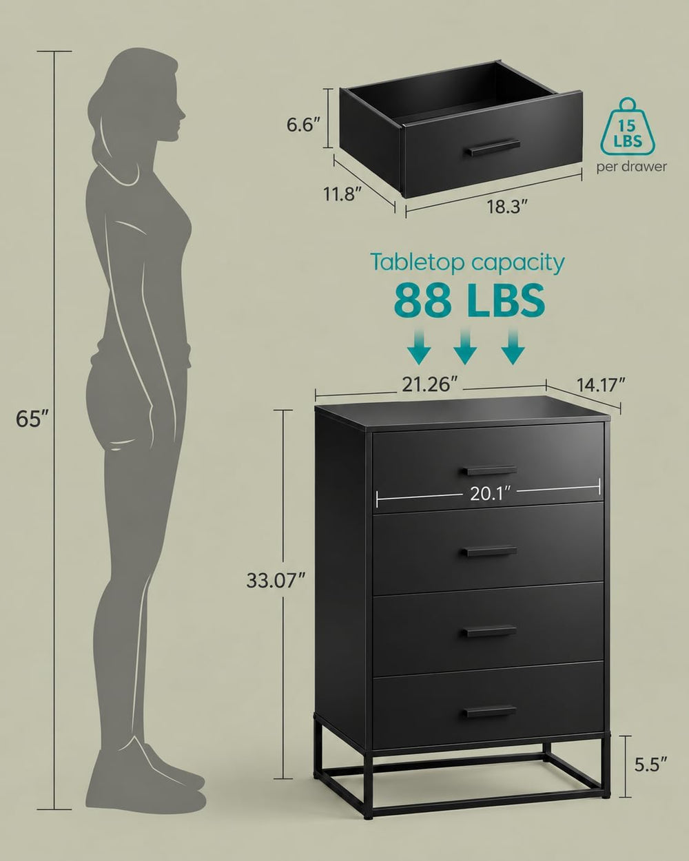 WLIVE Wooden Dresser for Bedroom with 4 Drawers, Black