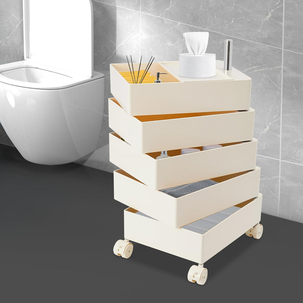 360° Rotating Side Table with 5 Drawers, Movable Storage End Table Sofa Side ...