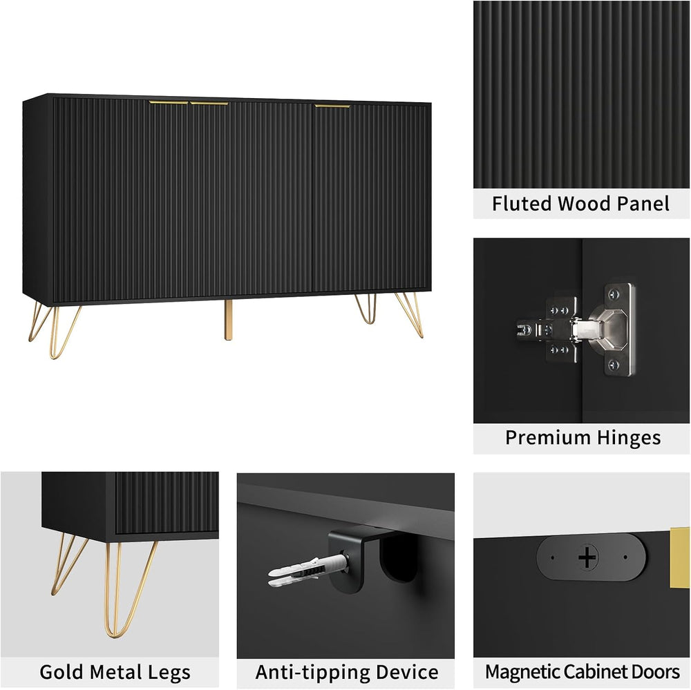 Storage Cabinet with 3 Doors, Metal Legs and Adjustable Shelf, Black丨Sideboar...