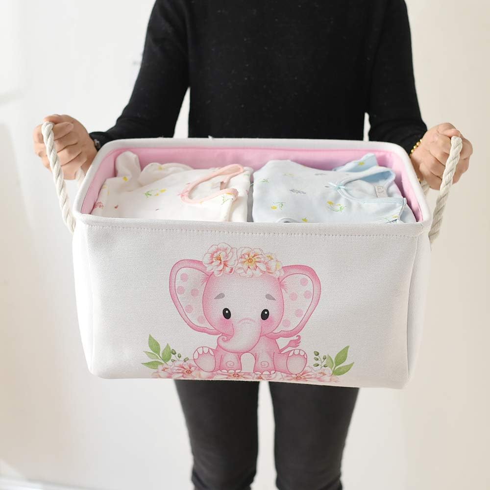 Pink Basket Elephant Storage Bins for Kids, Gift Box for Baby,Collapsible Storage Basket for Toys Clothes,Fabric Laundry Baskets for Baby/Kids/Nursery Room (Medium, Pink Elephant)