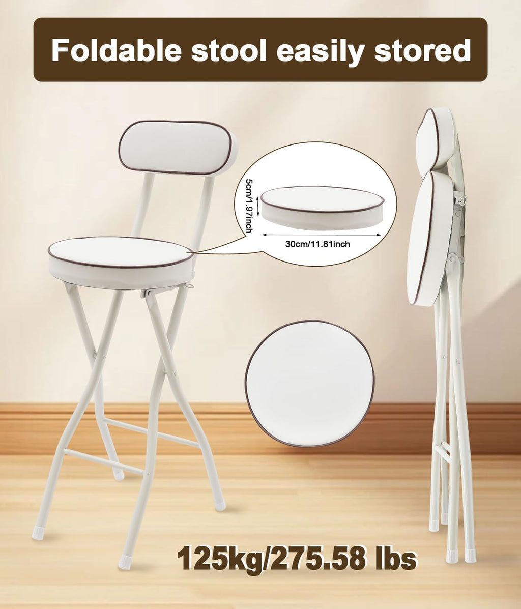 2 PCS Folding Bar Stool with Back, Set of 2-Folding Bar Stool Chair with Back, Tall Foldable Stool Seat Padded Portable Stools Counter Height Foldable Stools for Adults Kitchen Island (White)