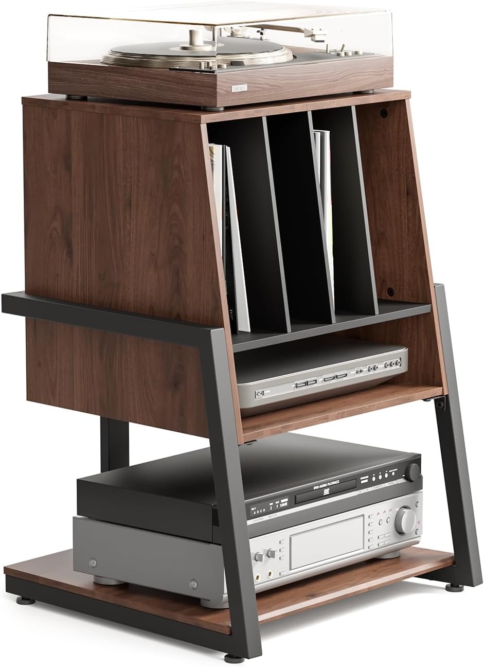 FITUEYES Record Player Stand with Storage for 120 Vinyl Records, Walnut | Vin...