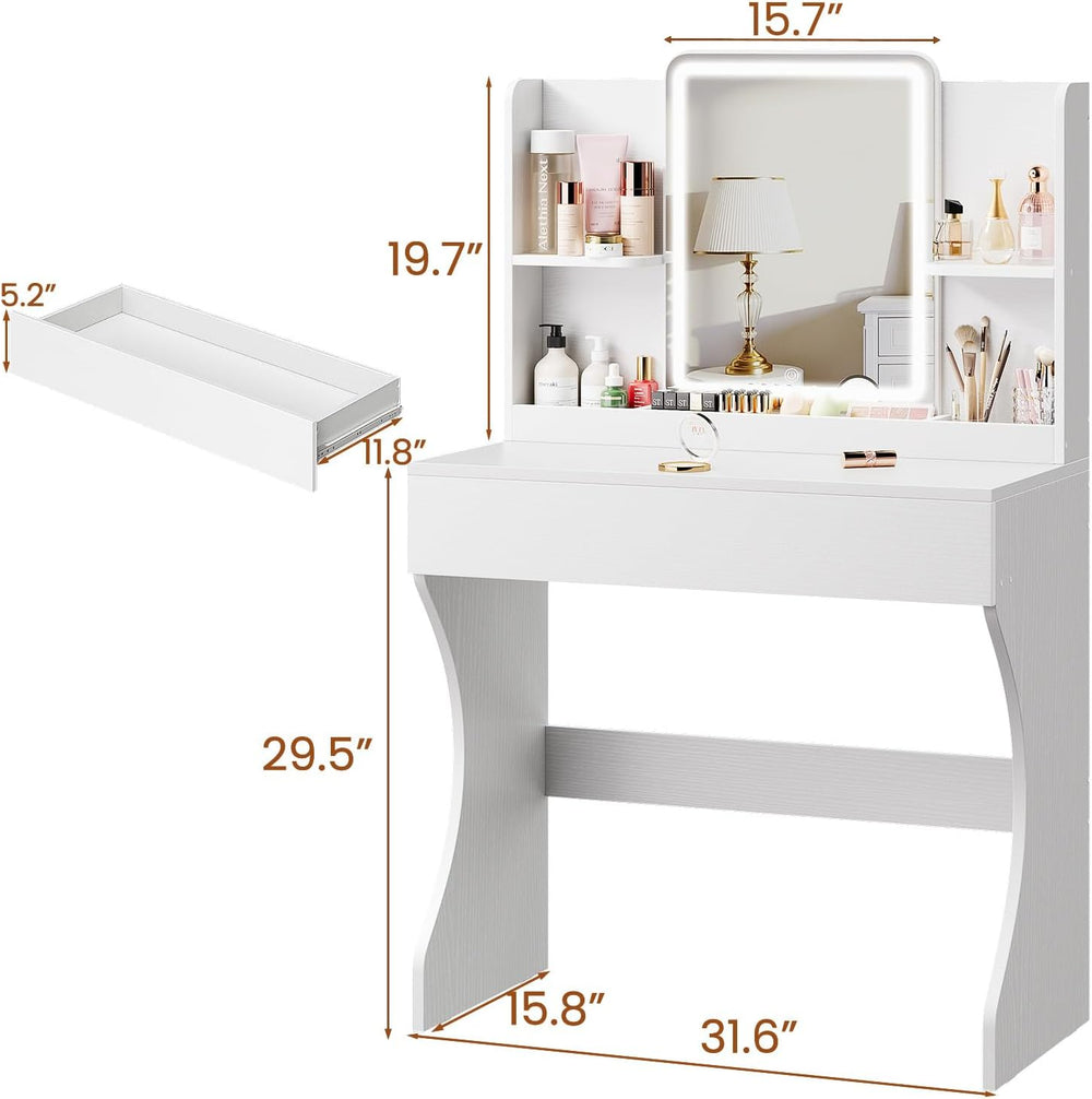 Driftalia White Small Vanity Desk with Mirror and 3 Color Adjustable Lights |...