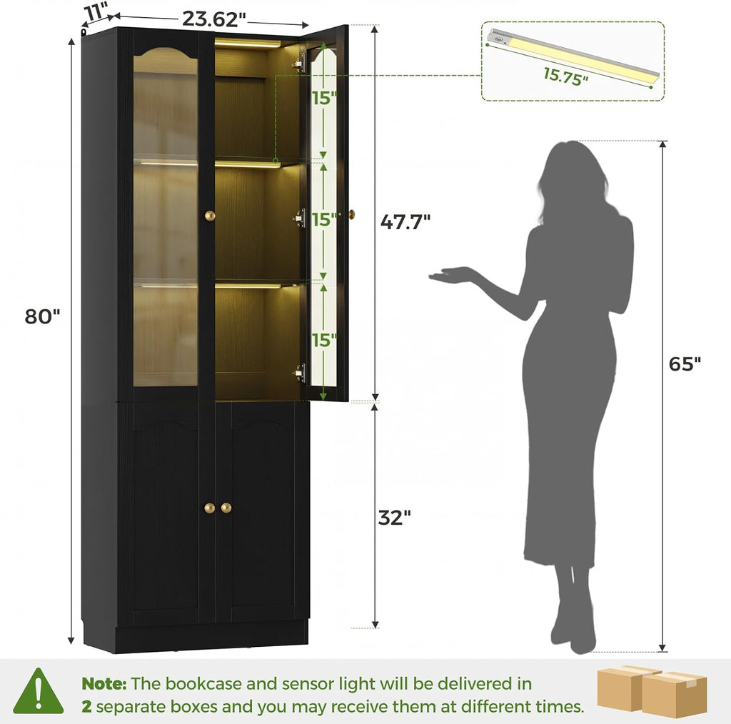 Cyclysio 80" Tall Pantry Cabinet with Arched Glass Doors and Lower Storage Cabinet, Black Kitchen Pantry Storage Cabinet with Interior Motion Sensor Light, Adjustable Shelf, Baseboard Cutout