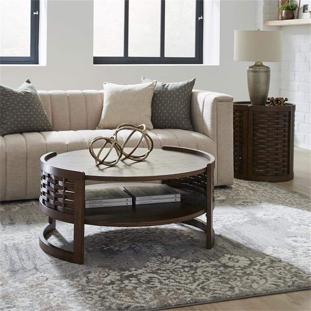Pemberly Row 3 Piece Round Cocktail and End Table Set, Brown Oak Finish, Rubb...