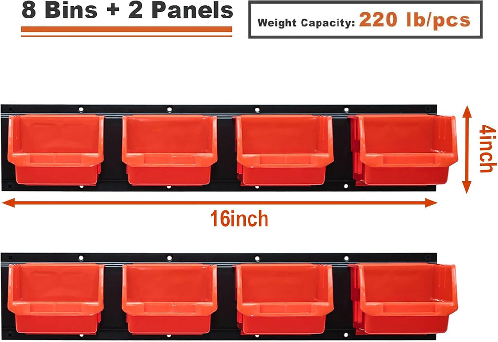 Wallmaster 8-Bin Storage Bins Garage Rack System 2-Tier Orange Tool Organizers Cube Baskets Wall Mount Organizations (Orange)