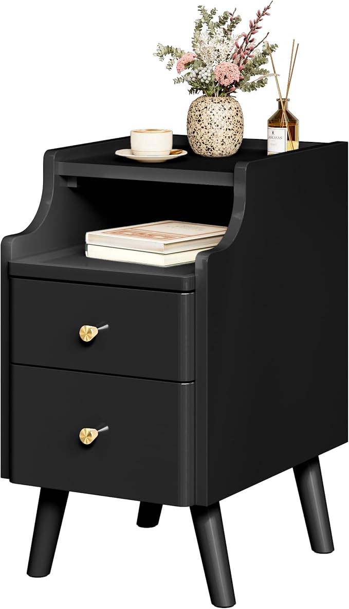 Narrow Nightstand, Solid Wood Night Stand with 2 Drawers, White Mid Century M...