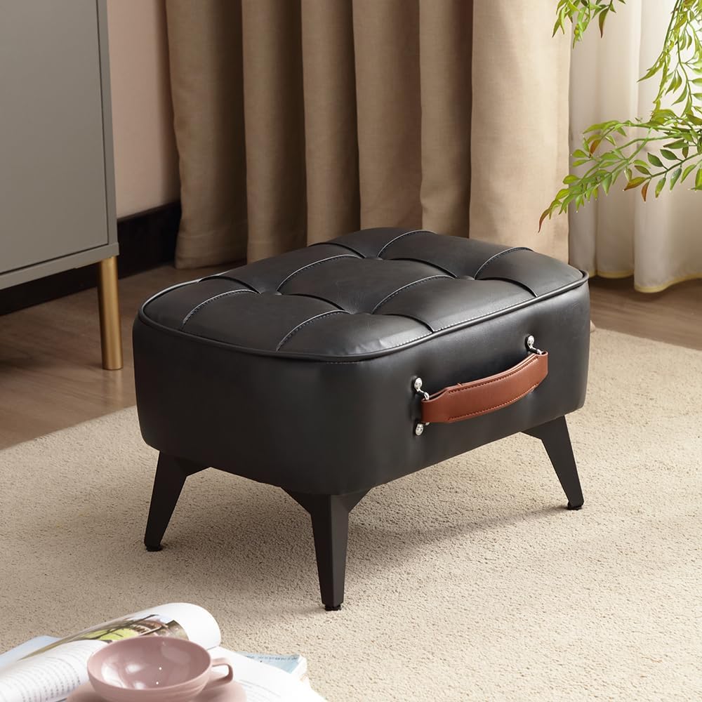 Vintage Style Faux Leather Ottoman Footstool - Wooden Frame, Upholstered Inte...