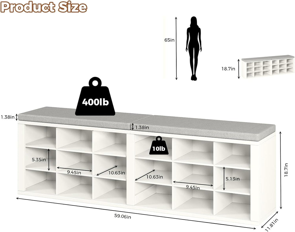 ITEFDTUTNE Shoe Rack Bench, 18 Cubbies Shoe Storage Bench with Cushion, 59&qu...