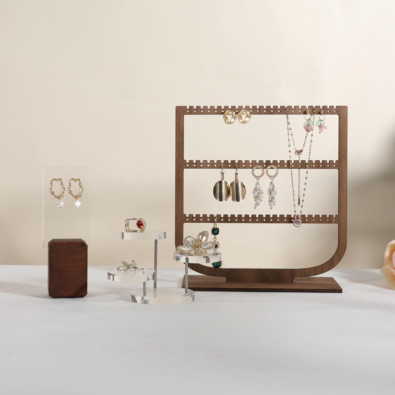 GemeShou wooden hanging jewelry organizer, walnut jewelry display holder for selling, dangle necklace storage shelf, 3 tier earring display stands for selling【Jewelry shelf-3 tier】