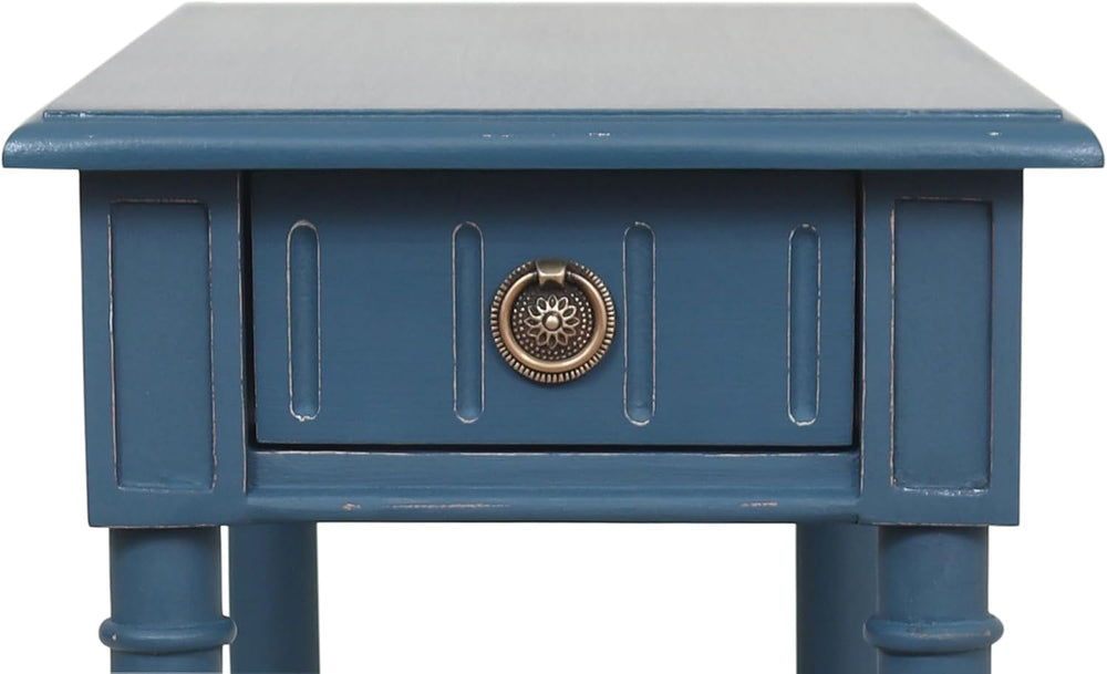 East at Main Handmade Solid Wood Narrow End Table with Drawer, Slim Blue Side...