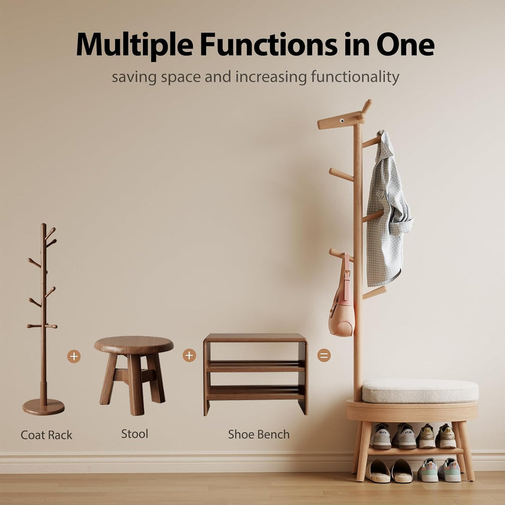 AQIMUELE Entryway Shoe Rack with Coat Rack, Wooden Shoe Bench with Upholstere...