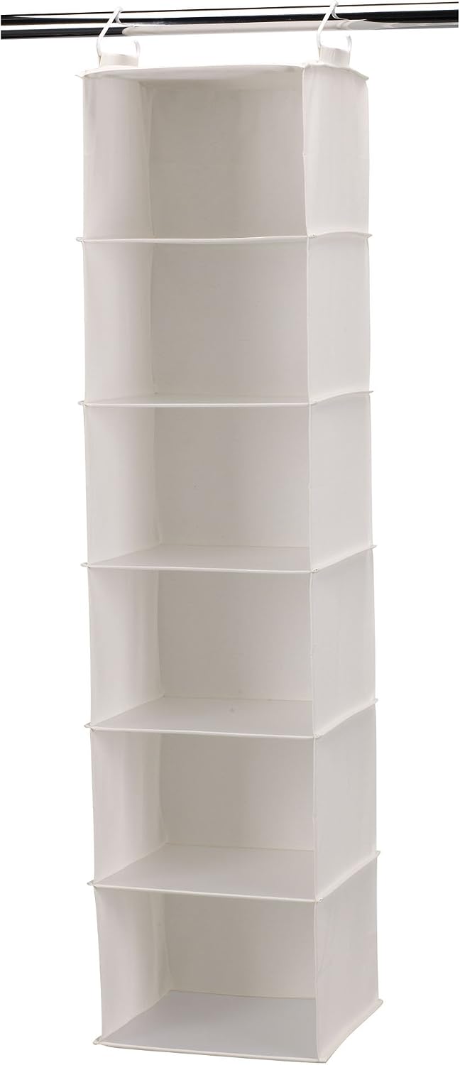 Household Essentials 6‑Shelf Hanging Closet Organizer in Soft Blended Canvas with Durable Plastic Shelving and Dual Wire Hooks, Cream