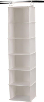 Household Essentials 6‑Shelf Hanging Closet Organizer in Soft Blended Canvas with Durable Plastic Shelving and Dual Wire Hooks, Cream