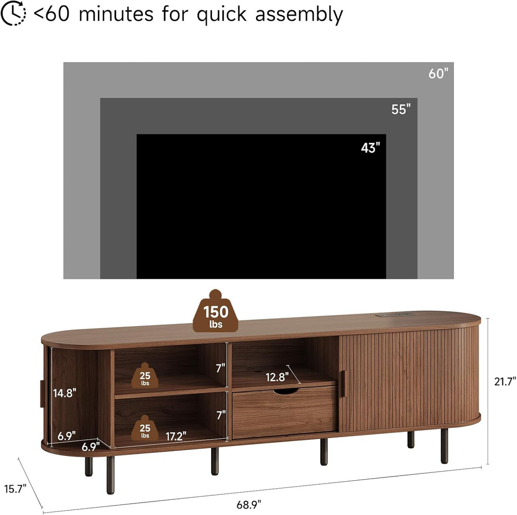 69" TV Stand with Power Outlet for TVs up to 75 Inch, Fluted Media Console | Mid-Century Modern Walnut Entertainment Center with Storage Drawer, Sliding Door and Adjustable Shelves for Living Room