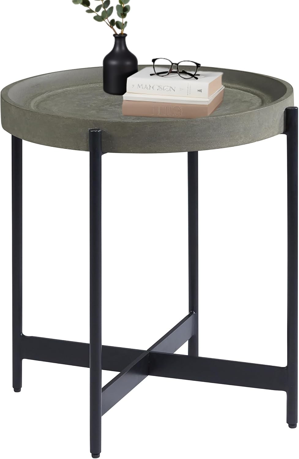 Brookline 20-Inch Round Wood End Table with Concrete Coating and Powder-Coate...