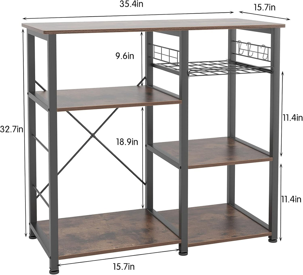 DlandHome Kitchen Bakers Rack with Storage Stand for Kitchen, Industrial Kitchen Baker's Rack, 35.4 inches Microwave Oven Stand, 3-Tier+4-Tier Utility Storage Shelf with Hooks and Basket Rustic Brown