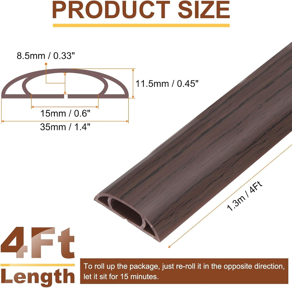 HARFINGTON 4ft Cord Cover Floor W0.6 x H0.33 Inner Channel PVC Hide Extension Cable Floor Wire Hider Wire Covers Protector for Prevent Cable Trips Cables Management, Wood Black