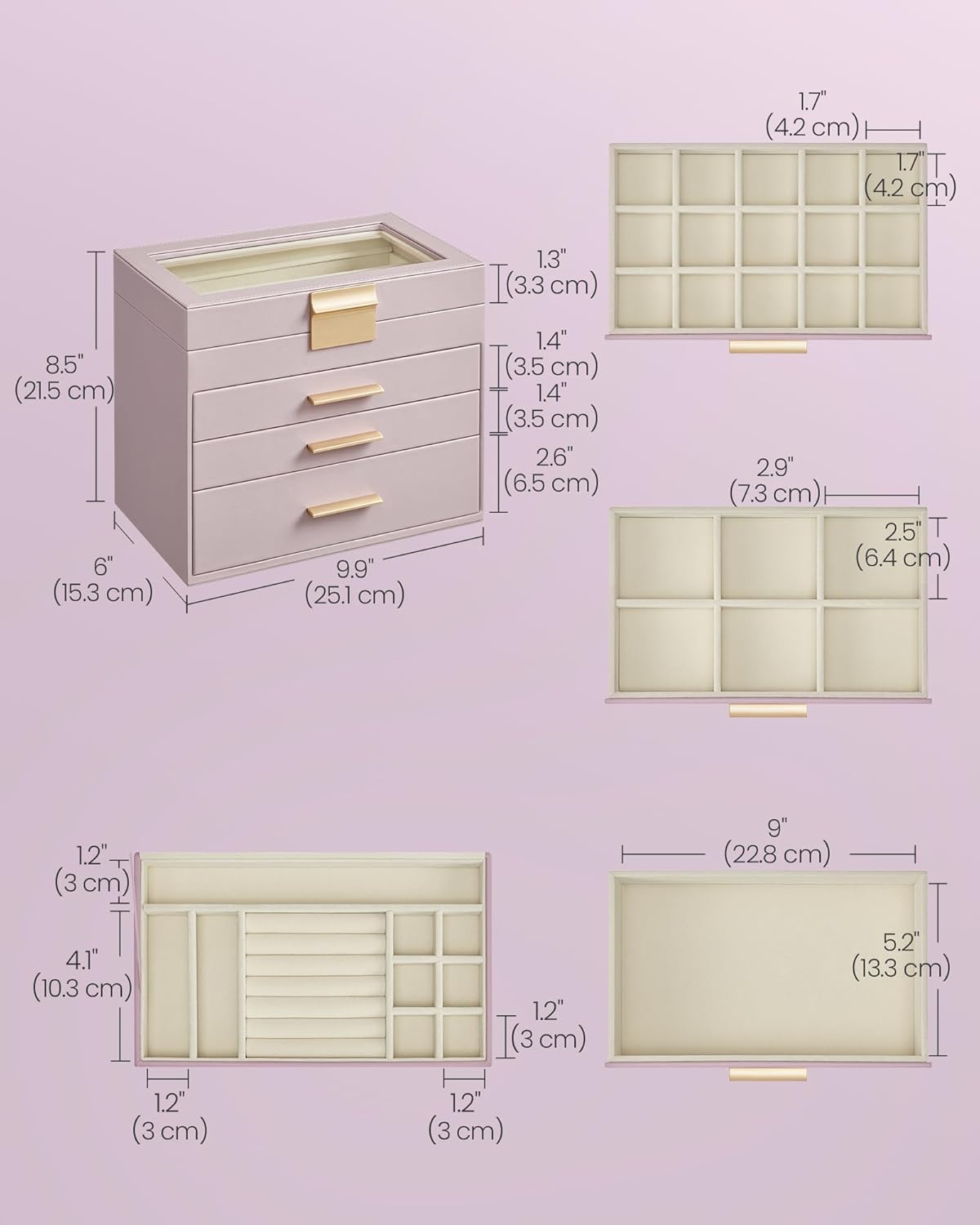 SONGMICS Jewelry Box Organizer with Glass Lid, 4-Layer Jewelry Storage, with 3 Drawers, Modern Style, Christmas Gift, 6 x 9.9 x 8.5 Inches, Lavender Purple and Gold Color UJBC161P01