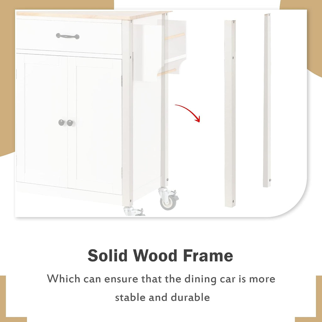 LUMISOL Rolling Kitchen Island on Locking Wheels with 2 Drawers and 4 Cabinets, Kitchen Island Cart with Adjustable Shelves, Solid Wood Tabletop, Storage Cabinet with Spice & Towel Rack, White