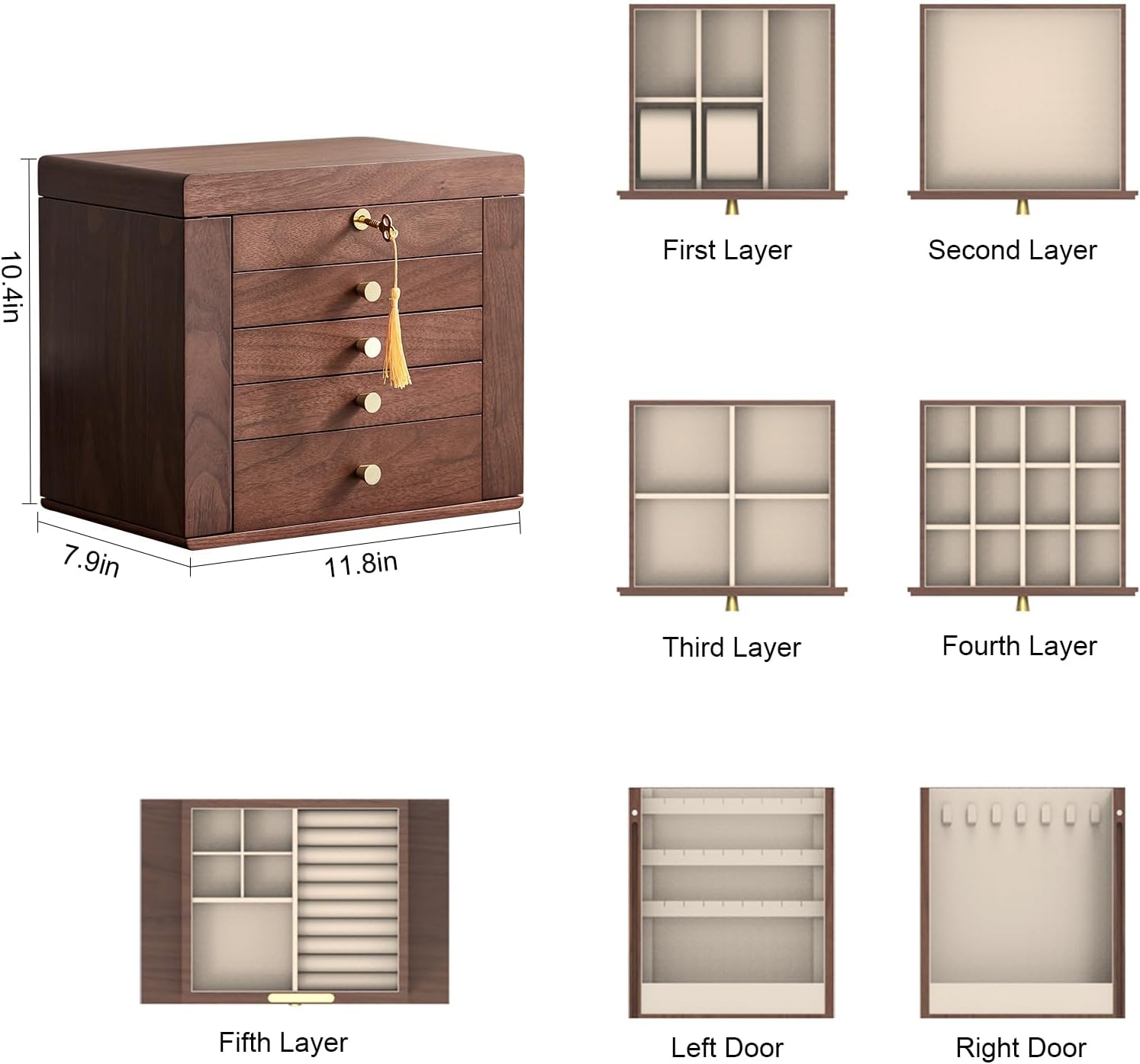 CHOSIN Black Walnut Wooden Jewelry Box for Women with Mirror, 5 Drawers and 2 Side Doors for Watches, Necklaces, Rings, Earrings Storage Christmas Gifts