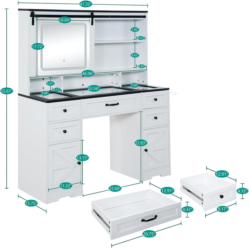 Vanity with Sliding Barn Mirror, Glass Top Makeup Desk with Outlet & Char...