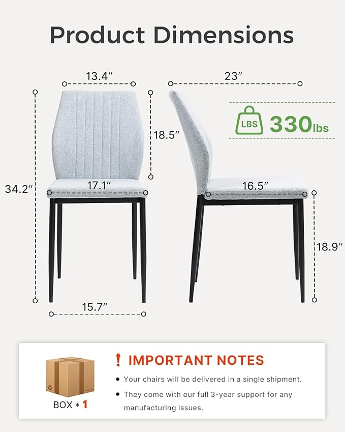 Dining Chairs Set of 4, Upholstered Wooden Dining Room Chairs, Mid Century Modern Fabric Kitchen Chair with Metal Legs Chenille Fabric for Kitchen/Restaurant/Hotel- Light Gray (Only Chairs)