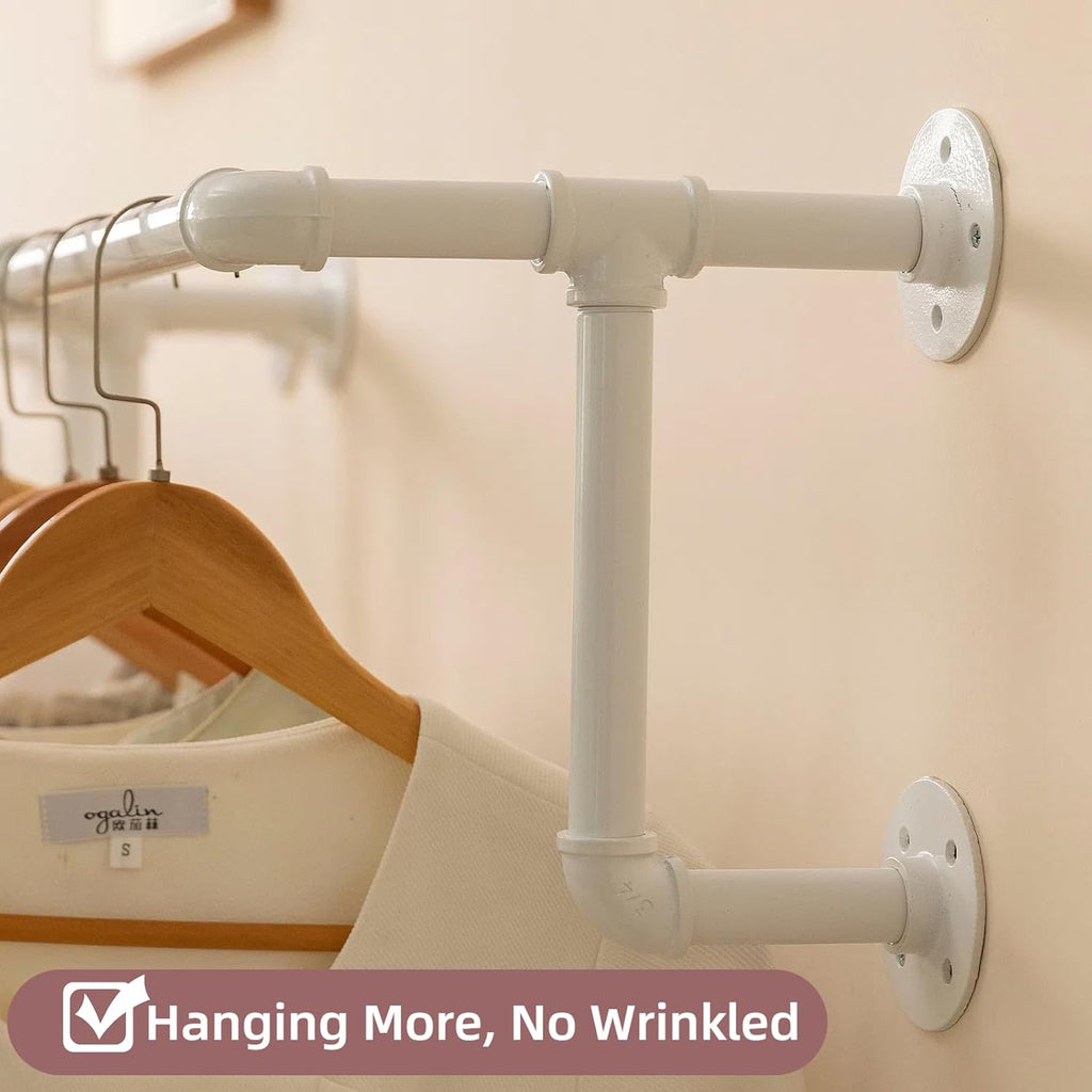 Clothes Racks, Industrial Pipe Clothing Racks for Hanging Clothes, Wall Mounted Heavy Duty Space Saving Garment Racks, Multi-Purpose Clothing Hanging Rods for Closet Storage, White, 2Pcs