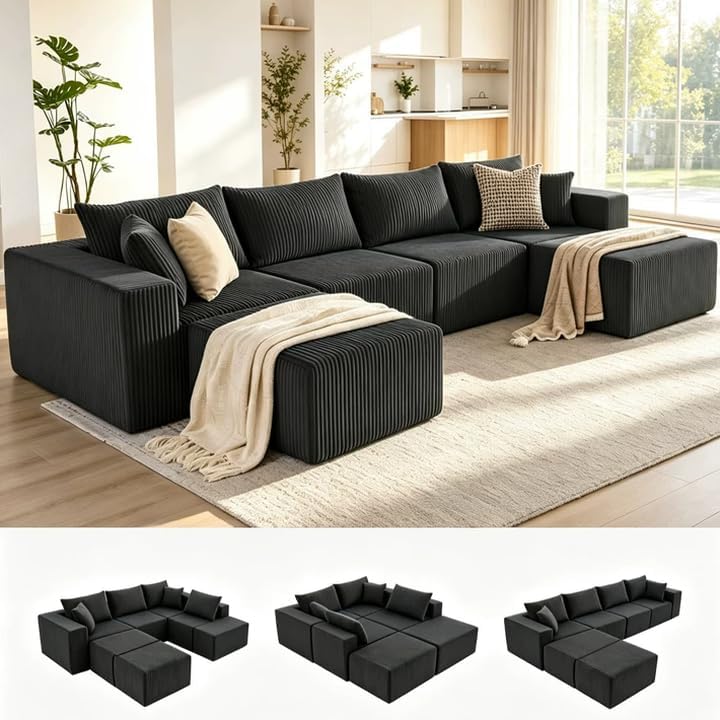 135.4" Sectional Couches for Living Room, U Shaped Boneless Couch, Black | Deep Seat Modular Sectional Sofa for Living Room, Upholstered Corduroy Couch for Apartment, Converts to Bed for Movie Nights