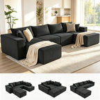 135.4" Sectional Couches for Living Room, U Shaped Boneless Couch, Black | Deep Seat Modular Sectional Sofa for Living Room, Upholstered Corduroy Couch for Apartment, Converts to Bed for Movie Nights